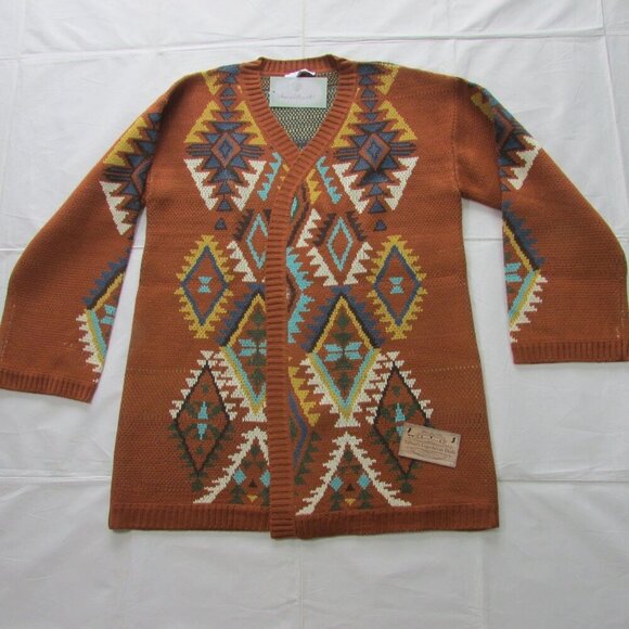 Derek Heart Women's Long Sleeve Aztec Print Cardigan Sweater Rust - Picture 1 of 3